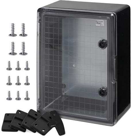 Väggskåp, växelskåp, IP65, industrihus, tomt hölje, ABS plast, tomt skåp, monteringsplatta, lås, BOXEXPERT serie Fleet, olika storlekar, svart, transparent (400 x 300 x 170 mm)