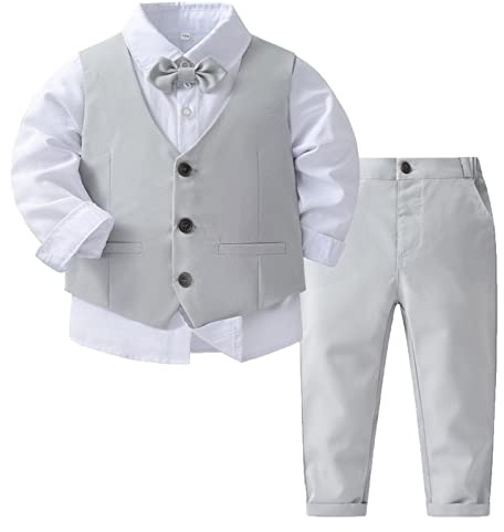 ranrann Babykostym pojke bröllop gentleman outfit långärmad skjorta ärmlös väst byxor för dopfest 9 månader - 4 år, Färg: grå, 4-5 ans