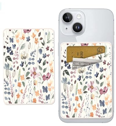 AOHRO Phone Card Holder - Dual Pocket Leather Wallet with Adhesive, Cute Credit Card Holder for Most Phones - Colorful Boho Leaf