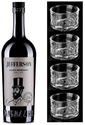 Jefferson Amaro Importante bottiglia da 700 ml con 4 Bicchieri EQUILIBRIO Originali Vecchio Magazzino Doganale in Astuccio Elegante - Idea Regalo Natale - Jefferson Amaro Importante