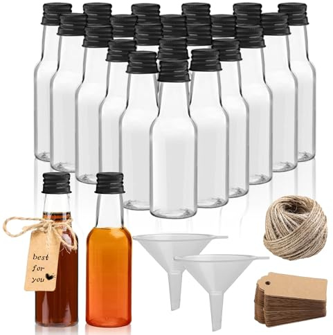 CYIOU 30 PCS Mini Botellas Licor 50ml Mini Botellas de Plástico Reutilizables Botellitas de Licor Pequeñas con 1 Embudo 30 Etiquetas y 1 Rollo de Cuerda para Zumos Batidos Bodas y Fiestas