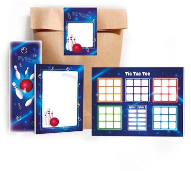 Limonia 10 Lesezeichen + 10 Mini-Notizblöcke A7 + 10 Tic Tac Toe A6 je 25 Blätter + 10 Tüten + 10 Aufkleber Set Gastgeschenk Mitgebsel zum Kindergeburtstag Motto-Party Jungen Jungs Boys Bowling neon