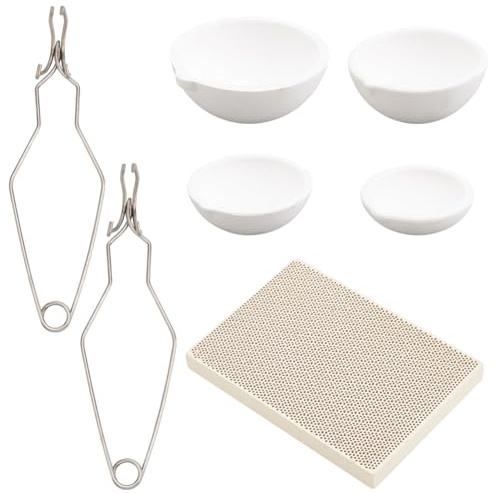 WEBEEDY 7-Teiliges Kleines Schmelztiegel-Set Für Schmuck Aus Silbernem Metall Mit 4 Stück Keramik-Quarz-Tiegelschüssel, Teller, Tasse, Topf, 2 Stück Peitschenzangengriff Zum Schmelzen, Gießen