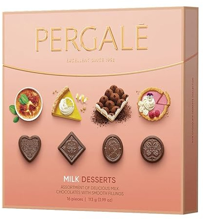 Scatole di Cioccolatini, cioccolato da regalare Pergalé 113 g - Al gusto di Dessert: Cheesecake, Crème Brûlée, Tiramisù e Torta al limone - 16 unità. (Milk Desserts, 1 unità)