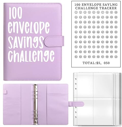 LoHxa Budget Planner,100 Envelope Challenge Binder Haushaltsbuch A5 Planner PVC Umschläge Bargeldfüllung PU Leder Budget Binder Money Saving Challenge Binder Bargeld Budget Notizbuch(Violett)