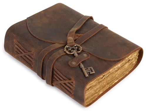 GlobeeCraft Carnet de voyage vintage en cuir avec clé, papier de coton fait à la main - Parfait comme carnet en cuir, carnet vintage ou journal personnel Premium - 18 x 13 cm