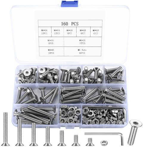 160 Pz M6 Set Bulloni e Dadi, Viti a Testa Cilindrica Esagono Incassato, Testa Svasata e Piatta, Brugola in Acciaio Inox per Macchina