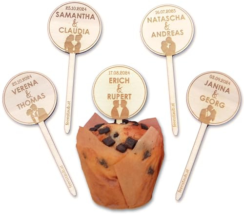 FEENSTAUB Muffin Topper Hochzeit personalisiert, individuelle Tortendeko, Holz Kuchenstecker Hochzeitstorte Brautpaar, Kuchen Deko Hochzeit, Cupcake Topper, Muffin Stecker mit Namen