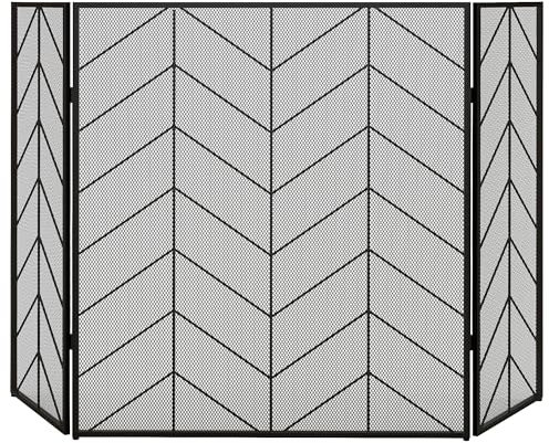 HOMCOM Funkenschutzgitter, 3-teilige faltbares Feuerschirm, Kamin Funkenschutz, Kaminschutz, Ofenschutzgitter, Kamingitter, dekoratives Netz, Stahl, 135 x 85 cm, Schwarz