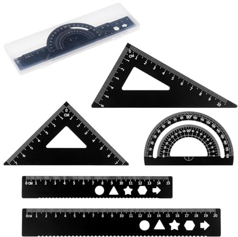 JIYIN 5 Stück Mathematik Geometrie Werkzeug, Metall Geometrie Set mit Winkelmesser und Dreieck Lineale, 8 and 6 Zoll Aluminiumlegierung Mathe Zeichnung Lineal für Studenten Büro Ingenieure Zeichner