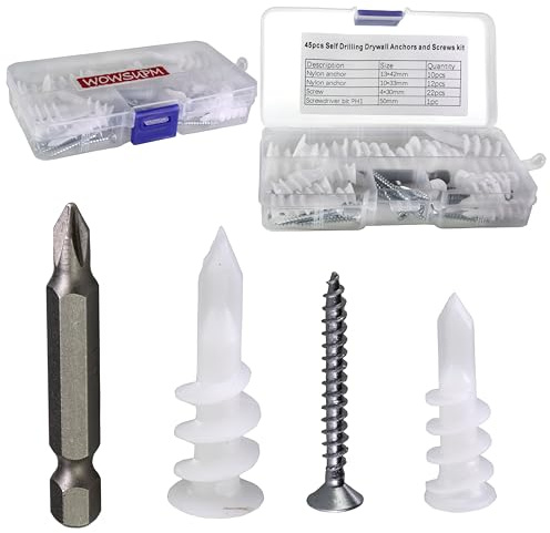 WOWSUPM Kit di 45 tasselli autoperforanti per cartongesso e viti per cartongesso, 34 kg