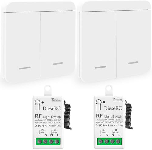 DieseRC Wireless Light Switch Kit 86 Wall Panel RF Safety Switch and 10 Amp Relay Receiver Controller AC220V 230V 240V,Long Range Reomte ON OFF for AC Appliances (2 Receivers and 2 Switchs)