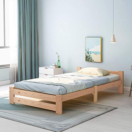 Solide Massivholzbett Futonbett Massivholz Natur Bett aus mit Kopfteil und Lattenrost, Natur (200x90cm)