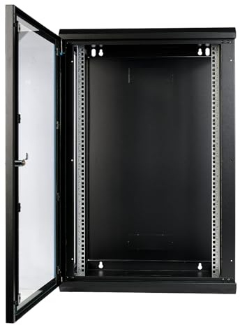 Netzwerkschrank 19 Zoll 18HE I 450 mm Tiefe I Serverschrank Schwarz | montiert | Wandmontage I abschließbare Glastür I voll montiert I 100 kg Traglast I 600×450×903 mm (Schwarz - 45cm, 18HE)