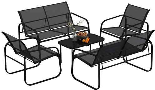 Outsunny Set Salotto da Giardino da 5 Pezzi, con 2 Divanetti da Esterno a 2 Posti, 2 Poltrone e un Tavolino da Caffè con Piano in Vetro, Set di mobili in Acciaio, Textilene per Terrazza e Patio, Nero