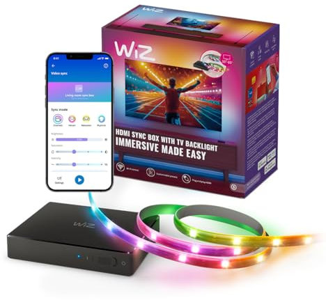 WiZ HDMI Sync Box con retroiluminación de TV - Sincroniza la luz con tus películas, juegos y música - HDMI 2.0 - Soporta 4K a 60Hz - Tira LED RGBIC para televisores de 55«-65» - Control por App/Voz