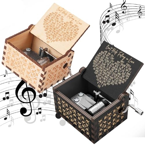 Xzyden 2PCS Wooden Music Box,Can't Help Falling in Love Musical Box,Wedding, Hand Crank Vintage Music Box,Birthday Gifts for Girlfriend,Music Gifts for Her, Wife