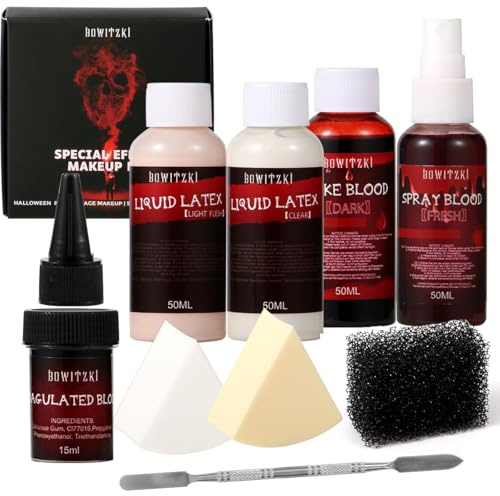 Bowitzki Fake Blood & Liquid Latex Kit,Pro SFX Makeup Set with 50ml Dark Fake Blood, 50ml Fresh Spray Blood, 2pcs Liquid Latex,Coagulated Blood, Sponge & Spatula for Halloween, Cosplay