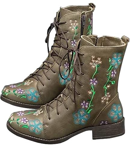 Générique Femme Bottine basses imprimé brodées à Lacets Femmes Boot Vintage Chaudes Automne Hiver Bottes Femelles Elégantes Souple Femelles Bottillon classiques Tige large Fashion colorées