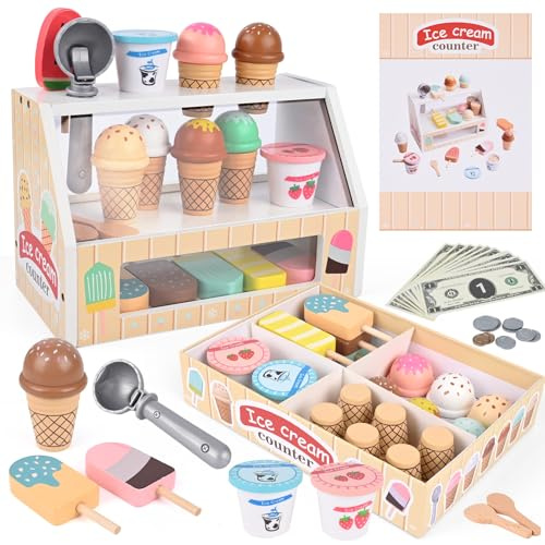 Eisdiele Kinder Holz, Diealles Shine 45 Stück EIS Spielzeug für Kinder Rollenspiele，Eisladen Kinder Küche Zubehör, Einkaufsladen für Mädchen Geschenk