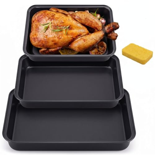 3PCS Baking Trays for Oven Non Stick –3 Size Carbon Steel Deep Cooking Tray | Roasting Tins Set for Oven Bakeware Easy Release Roasting Tray for Oven Kitchen Home - Easy to Clean (S, M, L)