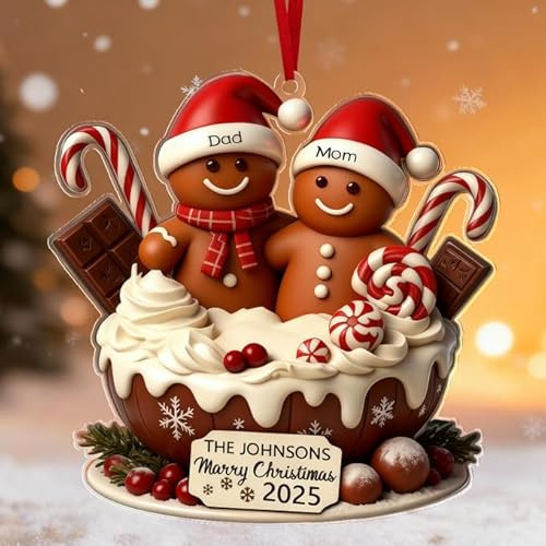Personalisierte Weihnachtsbaumkugeln Lebkuchen Schneemann Familie für den Weihnachtsbaum, individuell gestaltbar Acryl-Weihnachtsbaumkugel mit 2–8 Namen, Familienmitglieder