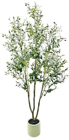 Árbol de Olivo Artificial de 180 cm, Planta Artificial Grande de Olivo Artificial en Color Blanco, Maceta con Hojas y Frutos realistas, árbol Artificial como Real para salón, Dormitorio, Oficina