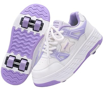 Hixingo Kinder Schuhe mit Rollen, Rollschuhe Schuhe für Mädchen, Abriebfest Skateboardschuhe 2-in-1-Multifunktional Sneaker 30-40 EU (Lila Sterne,32)