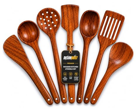 Decordust Wooden Kitchen Cooking Spoons Set of 7 for Cooking, Serving Includes Wooden Spoons, Serving Spoon, Wooden Spatula Set, Wooden Utensil Cooking Kitchen Sets