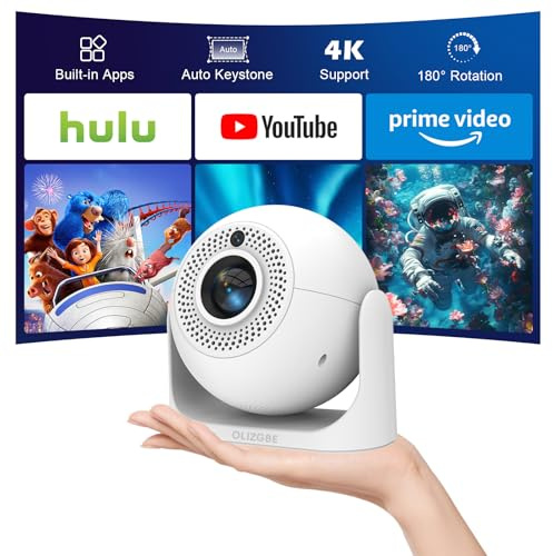 Mini Projector with WiFi and Bluetooth, Built-in Apps Portable Projector Support 4K, 180° Rotatable, Auto Vertical Keystone & Auto Focus, 200 ANSI Lumens, Smart Proyector for Bedroom Home Theater