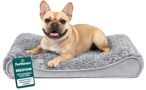 FurHaven Orthopedic Dog Bed for Medium/Small Dogs w/Removable Washable Cover, For Dogs Up to 23 lbs - Ultra Plush Faux Fur & Suede Luxe Lounger Contour Mattress - Gray, Medium