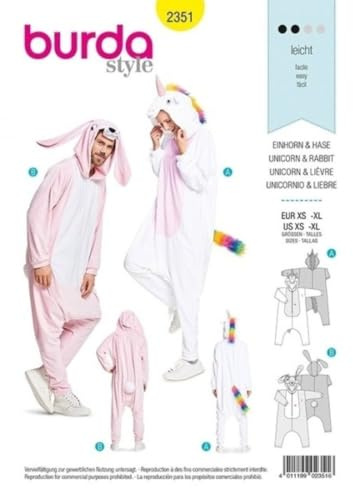 burda Schnittmuster Fasching Damen Herren Einhorn, Hase #2351 Gr.XS-XL