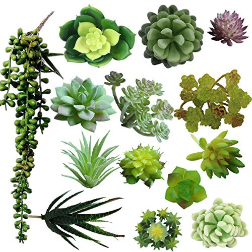 Assorted Green Artificial Succulent Plants Faux Fake Succulents Textured Cactus Stems Cacti Aloe Succulent In Different Artificial Hanging String of Pearls Plant For Wedding For Home Decor(14pcs)