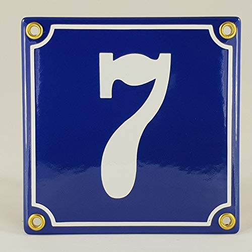 Hausnummer Emaille Schild Nr. 7 Blau-Weiß Handarbeit