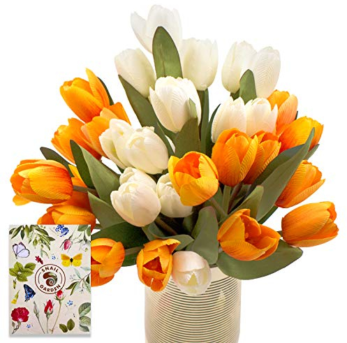 SNAIL GARDEN 36 Heads Artificial Tulip Flowers,4 Bunches Silk Fake Tulips Bouquets with Greeting Card,for Living Home,Office,Party and Wedding Decoration Floral Arrangements Table Decor(Yellow/White)