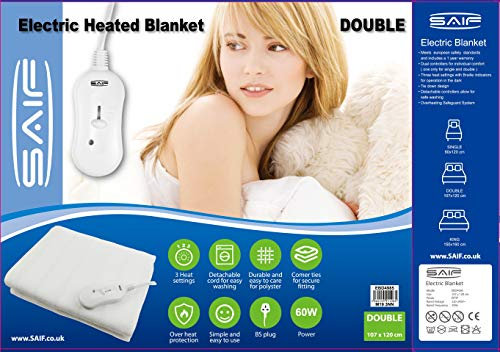 Aims Heated Electric Blanket Heated Under Bed [ Double ] Comfort Detachable Controller With 3 Heat Settings, Polyester, White Super Cosy Washable Fleece (D 140X107Cm)