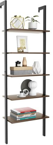 Tangkula Industrial Ladder Shelf Against The Wall, 5-Tier Wall Mount Ladder Bookshelf with Metal Frame, 72 Inch Open Bookcase Plant Flower Stand Display Storage Rack for Home Office (Rustic Brown)