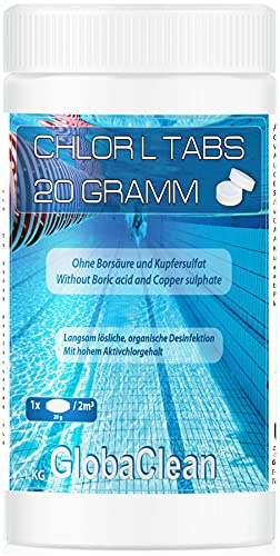 GlobaClean Chlortabletten für Pool ohne Flockungsmittel - Langsamlöslich – Chlor L Tabs 20g – 1kg