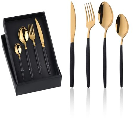 YDware Besteck Gold Schwarz, 16 Stück Schwarz Gold Besteck Set für Haus Küche Restaurant Gabeln Löffel Teelöffel Steakmesser Cutlery Set
