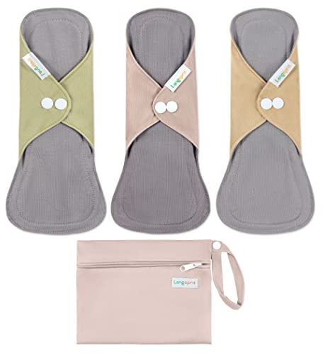 Langsprit Cotton Reusable Period Pads for Women, Washable Pads Menstrual, Regular Absorbency Cotton Cloth Menstrual Pads 3pcs Set with Mini Wet Bag, Suitable for Menstrual Period