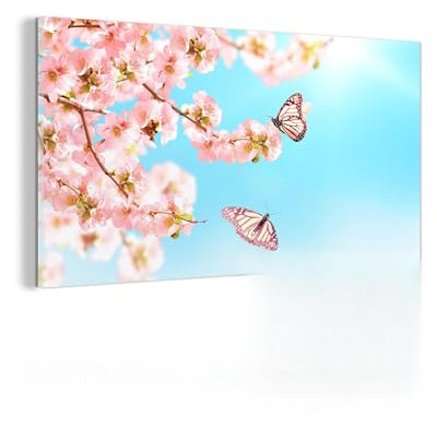 MuchoWow Glasbild Glasfoto Wandbild Bilder Deko 80x40 cm Schmetterlinge - Baum - Blumen