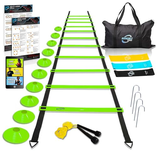 Invincible Fitness Agility Ladder Training Equipment Set Improves Coordination Speed Power and Strength Includes 10 Cones 4 Hooks and 3 Loop Resistance Bands for Outdoor Workout (Green)