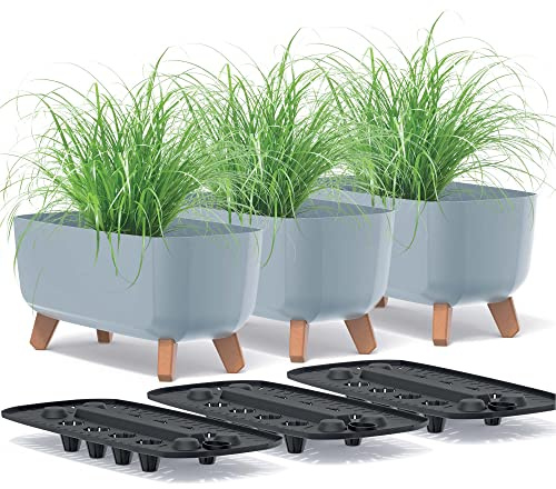 EDANTI Blumentopf Set x3 Pflanztöpfe Kunststoff mit Füßen Pflanzkübel mit Pflanzeinsatz Gracia CASE 39 cm Pflanzkübel Blumenkübel Pflanzentopf (Grau)