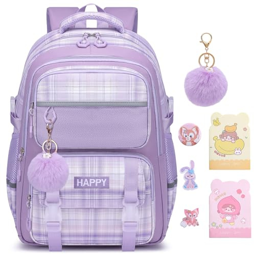 HANXIUCAO Schulrucksack Mädchen - Karomuster, atmungsaktiver und wasserabweisender Ranzen für die 1. bis 5. Klasse, Lila