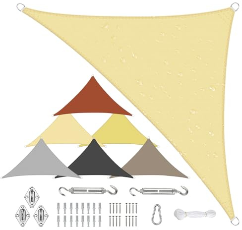 Sichtschutz Sonnensegel Wasserdicht Dreieckigig 2x2x2.8m aus PES-Polyester 95% UV-Schutz Witterungsbeständig Reißfest Viele Größen und Farben mit Befestigungsset für Terrasse Garten, Beige