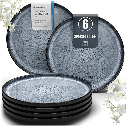 Assiettes Service de Table: Ensemble de 6 grandes assiettes en grès Ibiza - élégantes, compatibles lave-vaisselle et micro-ondes - Service vaisselle 6 personnes, Pure Living bleu fumé