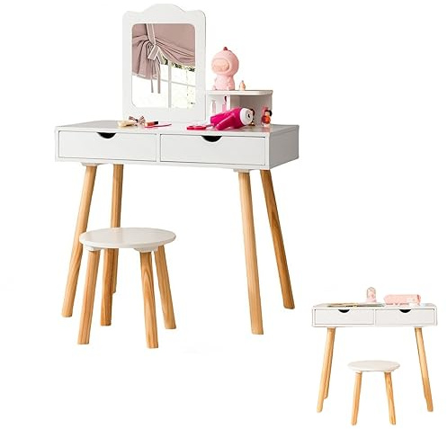 LIFEZEAL Specchiera Trucco per Bambina 3+Anni, con Sgabello, Specchio Rimovibile, Sedia, Tavolo Trucco Toeletta, Postazione Makeup, con 2 Cassetti, Mensola, Pettine, per Cameretta (bianco)