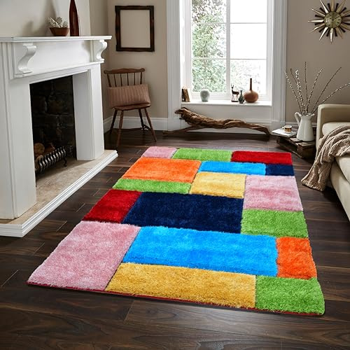 Rugs4Sale 4cm Thick Pile Super Soft Shaggy Modern Rugs Living Room 3D Pattern Multi-color Ideal For Bedroom, Hall, Kids Baby Room, Indoor & Outdoor Rugs Hallway Runners Carpet Mat(Design Blocks)