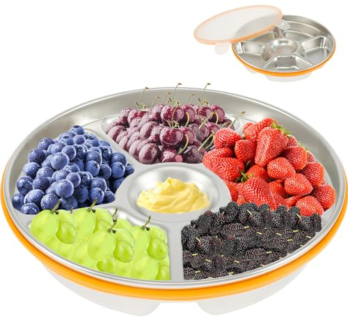 PandaHug 6-Compartment Stainless Steel Snack Divided Serving Tray with Lid, Portable Food Storage Containers, Snack Platters Organizer, Dishwasher Safe