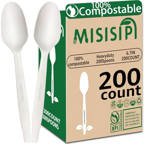 MISISIPI 200Count 100% Compostable Spoons Biodegradable Spoon HeavyDuty No Plastic Spoons Eco-friendly HeavyWeight Disposable Spoon Tableware Set for Lounge,Party,BBQ,Cafeteria,Wedding,Picnic